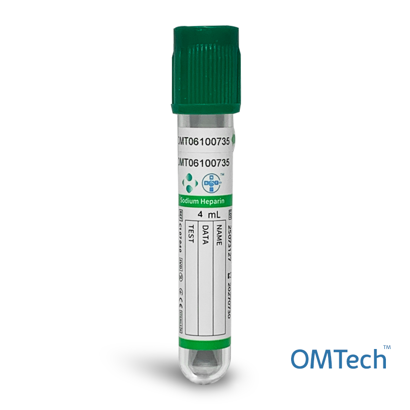 Пробірка вакуумна для забору крові "OMTech", з натрій гепарин, стерильна, з зеленою кришкою, 4 мл, 13*75 мм